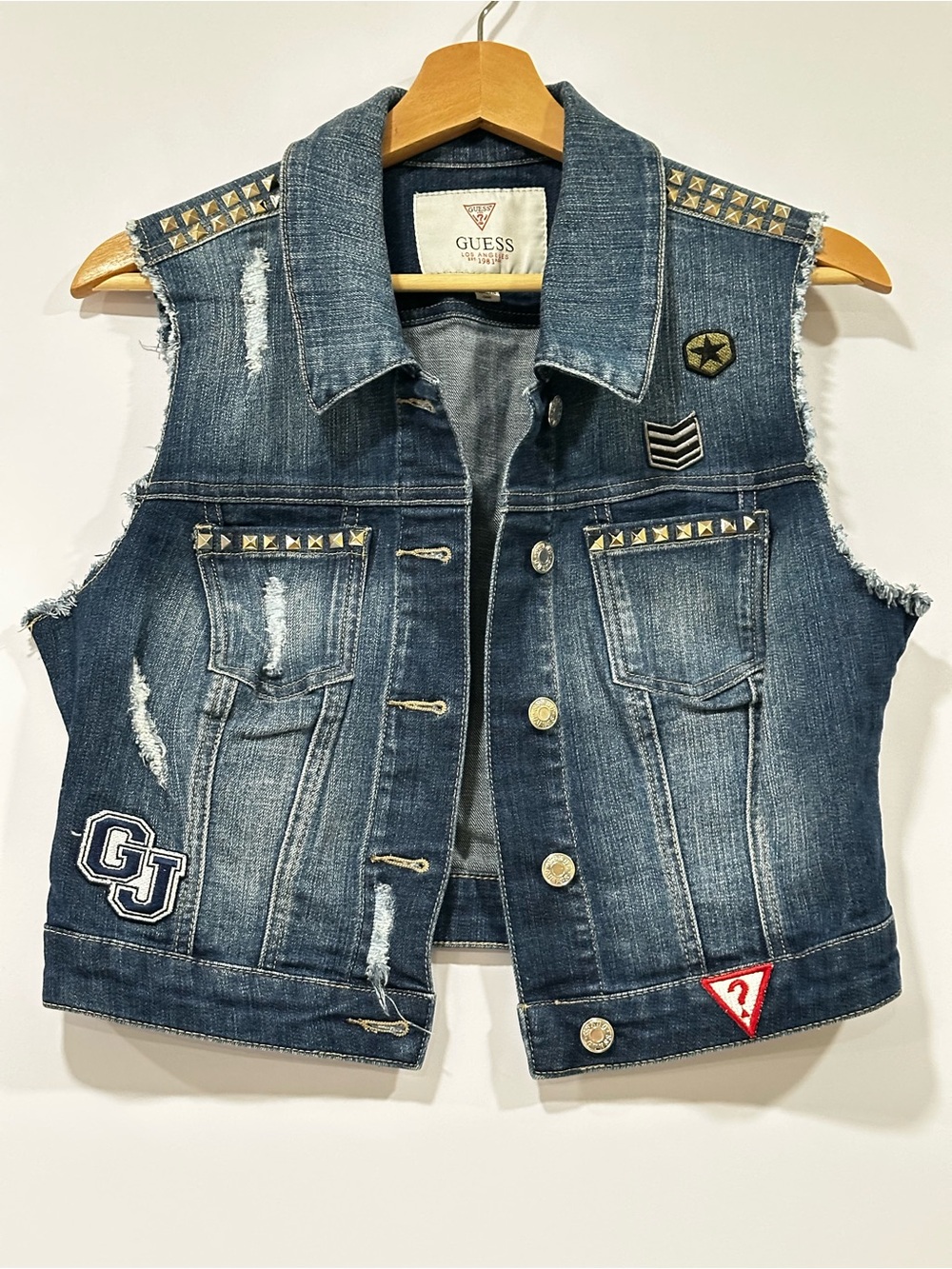 Guess Denim Studded Distressed Patch Vest in Blue women size L
